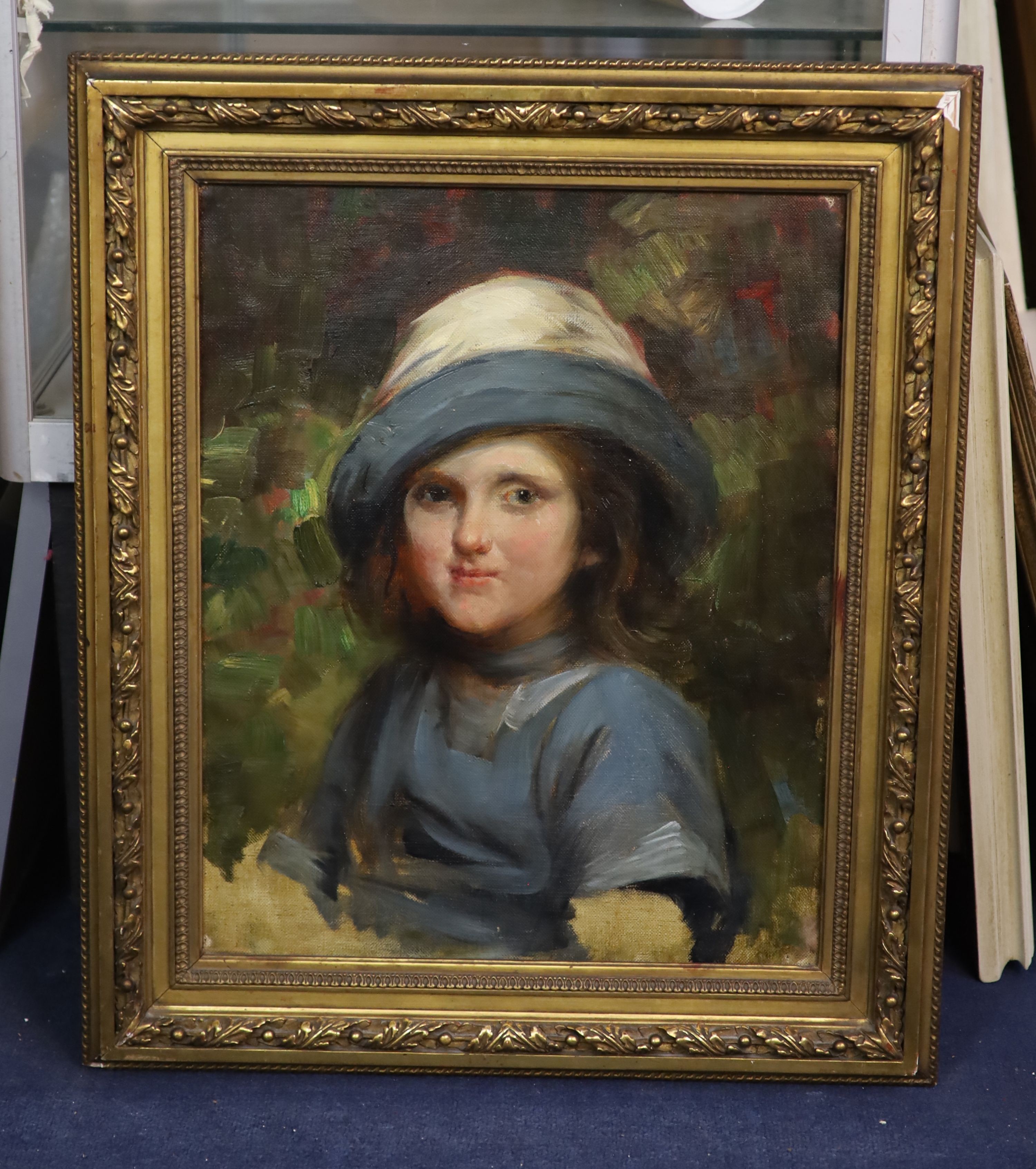 Attributed to Harold Harvey (1874-1941), Portrait of a girl wearing a blue hat, oil on canvas, 50 x 40cm